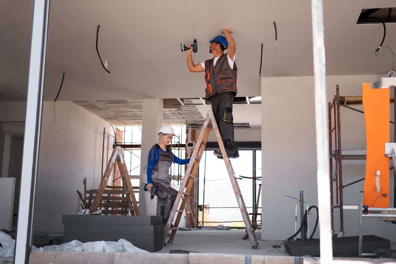 Equipe JB Manutenção em obra, com EPI completo